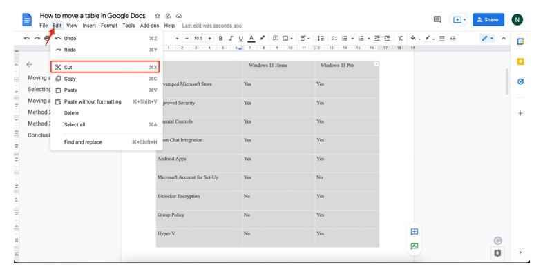 How to Move a Table in Google Docs
